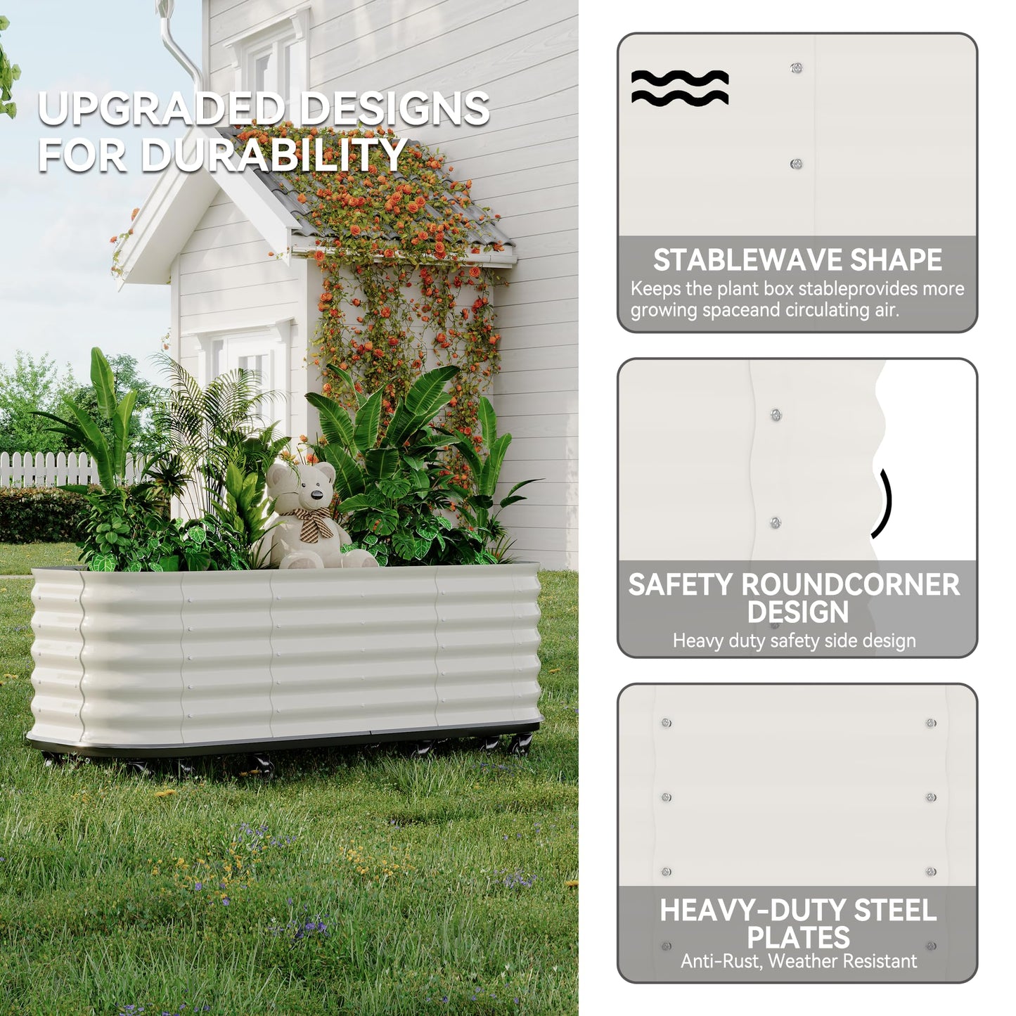 GarveeHome Self-Watering Wheeled Metal Garden Bed – Mobile Raised Planter Box with Water, Galvanized Steel Indoor/Outdoor Rolling Grow Station for Herbs, Veggies & Decor （94.5"x23.6"x19.7",White