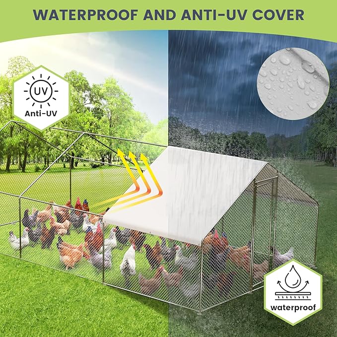 Large Metal Chicken Coop, Large Chicken Pen, Chicken Runs for Yard with Waterproof and Anti-UV Cover, Duck Rabbit House Outdoor (9.8'L x 19.7'W x 6.5'H)