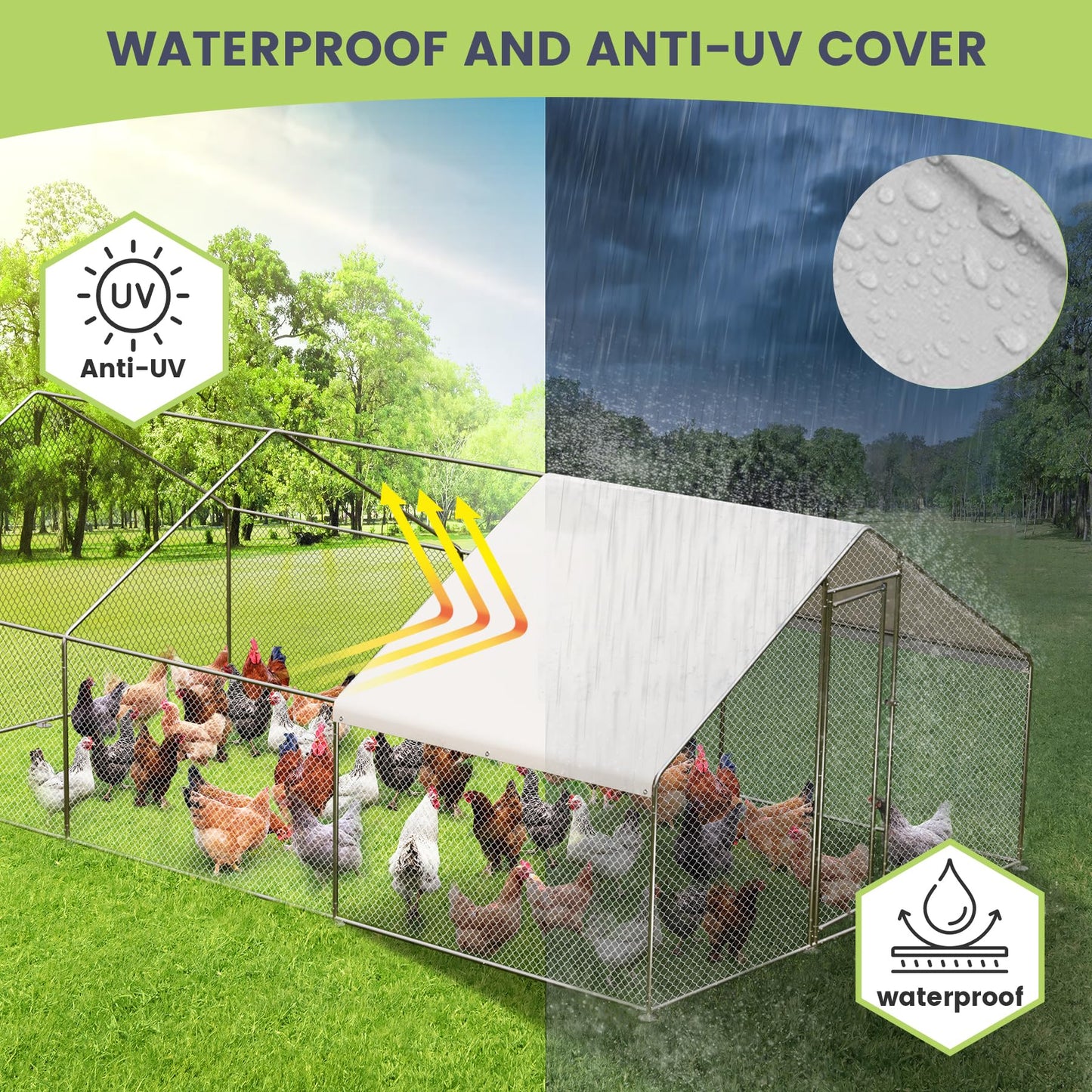 GarveeLife Large Metal Chicken Coop with Waterproof & Anti-UV Cover, Outdoor Chicken Pen (19.7' L x 6.6' W x 6.6' H)