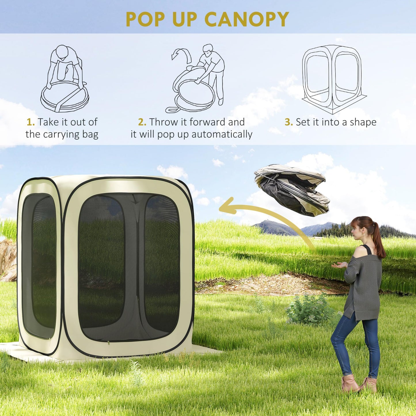 Outsunny 6 x 6ft Pop Up Screen Tent, Portable Camping Gazebo Canopy Screen House with UPF50+ Oxford Cloth and Carry Bag for Patio, Backyard, Deck and Outdoor Activities, Beige