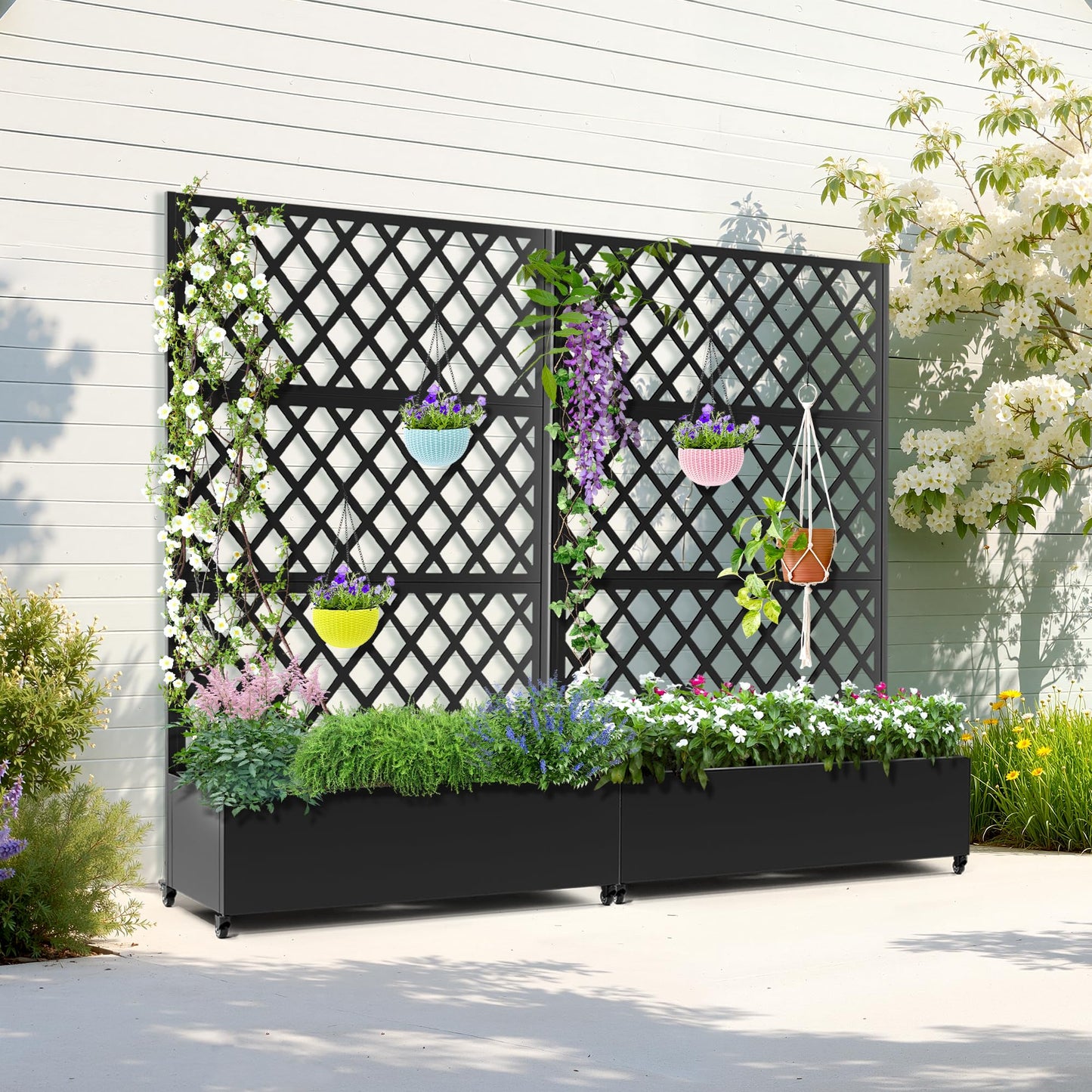 TUYOHW Metal Planter Box with Trellis & Wheels, Raised Garden Bed with Privacy Screen, Outdoor Standing Flower Beds with Drainage Hole for Climbing Plants, Vine, 47.2''L×15.7''W×70.9''H, Black