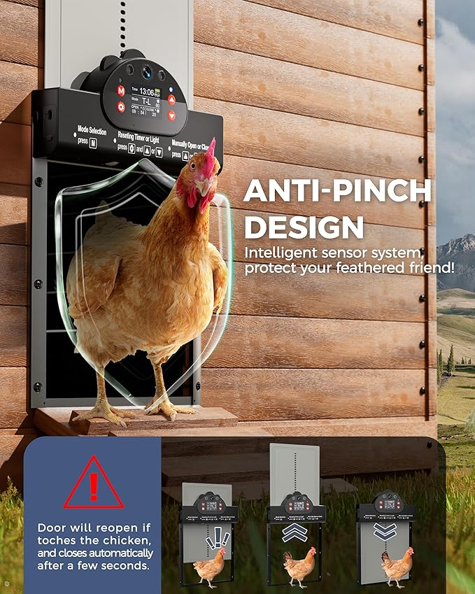 2K HD Camera Automatic Chicken Coop Door, WiFi Solar Powered Chicken Door with 9000mAh Battery, Timer & Light Sensor, Anti-Pinch Function, Security Alarm, Chicken Coop Accessories