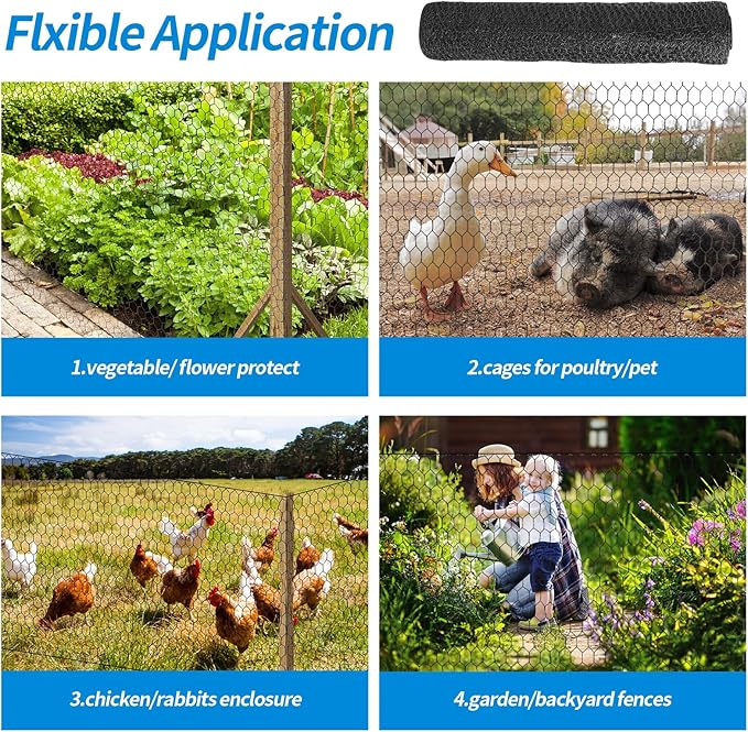60'' x 150' Black Chicken Wire Mesh Fence, 20 Gauge Galvanized Poultry Netting and 1 inch Garden Mesh Fence Roll, Chicken Wire for Floral Arrangements/Crafts/Farm/Livestock/Pet Protection