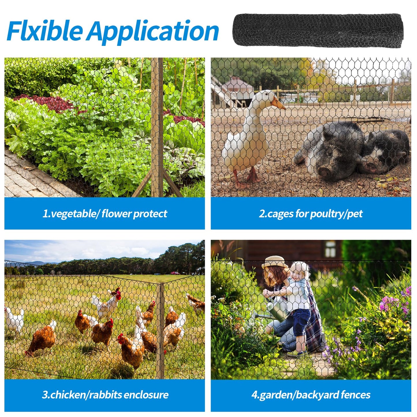 DOLEMODUO 60'' x 150' Black Chicken Wire Mesh Fence, 20 Gauge Galvanized Poultry Netting and 1 inch Garden Mesh Fence Roll, Chicken Wire for Floral Arrangements/Crafts/Farm/Livestock/Pet Protection