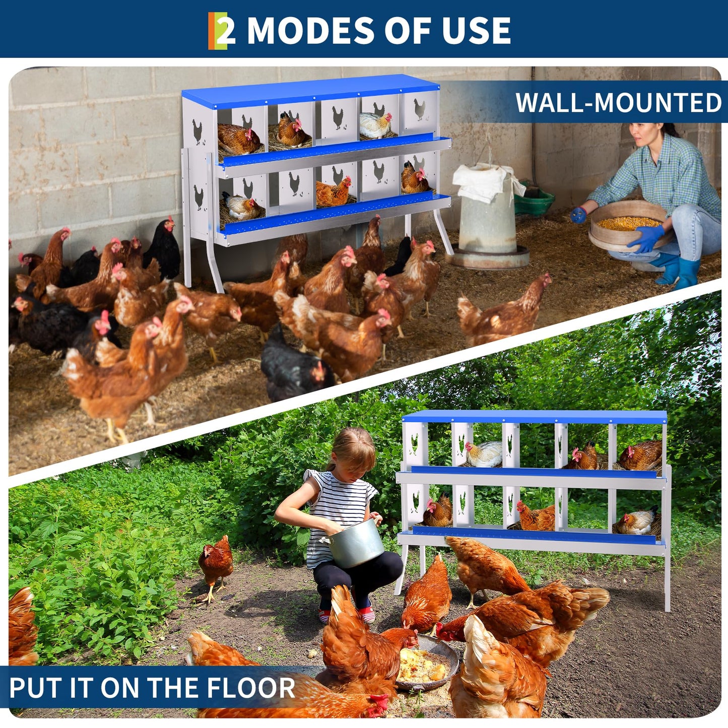 Garvee Chicken Nesting Box with Removable Tray, 10 Compartment Nesting Boxes for Chickens, Easy to Clean and Install, Chicken Laying Boxes for Chicken Coop to Protect Eggs - with Bracket Legs, Blue