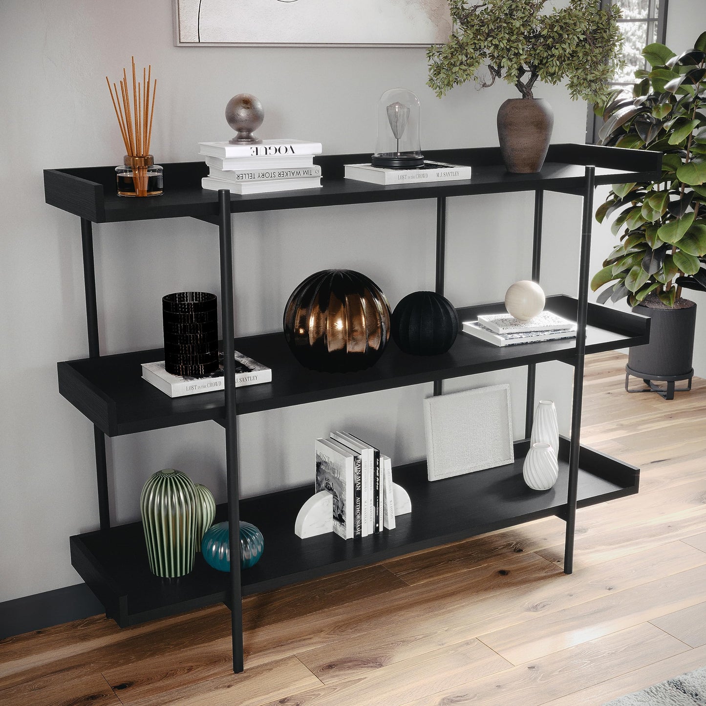 Martha Stewart Emmett 3 Shelf Bookcase with Vertical Metal Frame, Home Office Storage Display Unit, 35" H, Black Wood Grain/Oil Rubbed Bronze