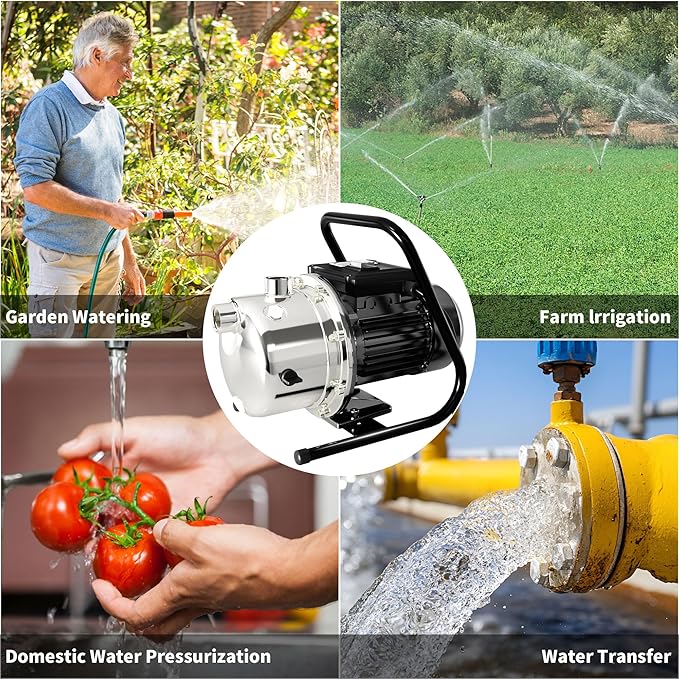 LANCHEZ 1.2 HP Portable Shallow Well Garden Pump, 1828 GPH Stainless Steel Sprinkler Pump, 115V Water Transfer Draining Irrigation for Lawn