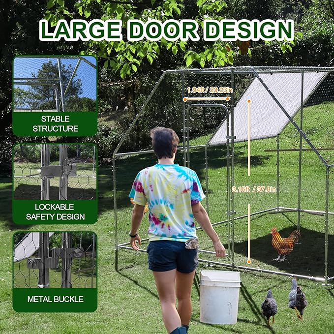 Large Metal Chicken Coop Run with Climbing Frame, Outdoor Walk-in Poultry Cage Flat Top with Waterproof&Anti-UV Cover, for Outdoor Backyard Farm, Silver (118" L x 118" W x 78.7" H)