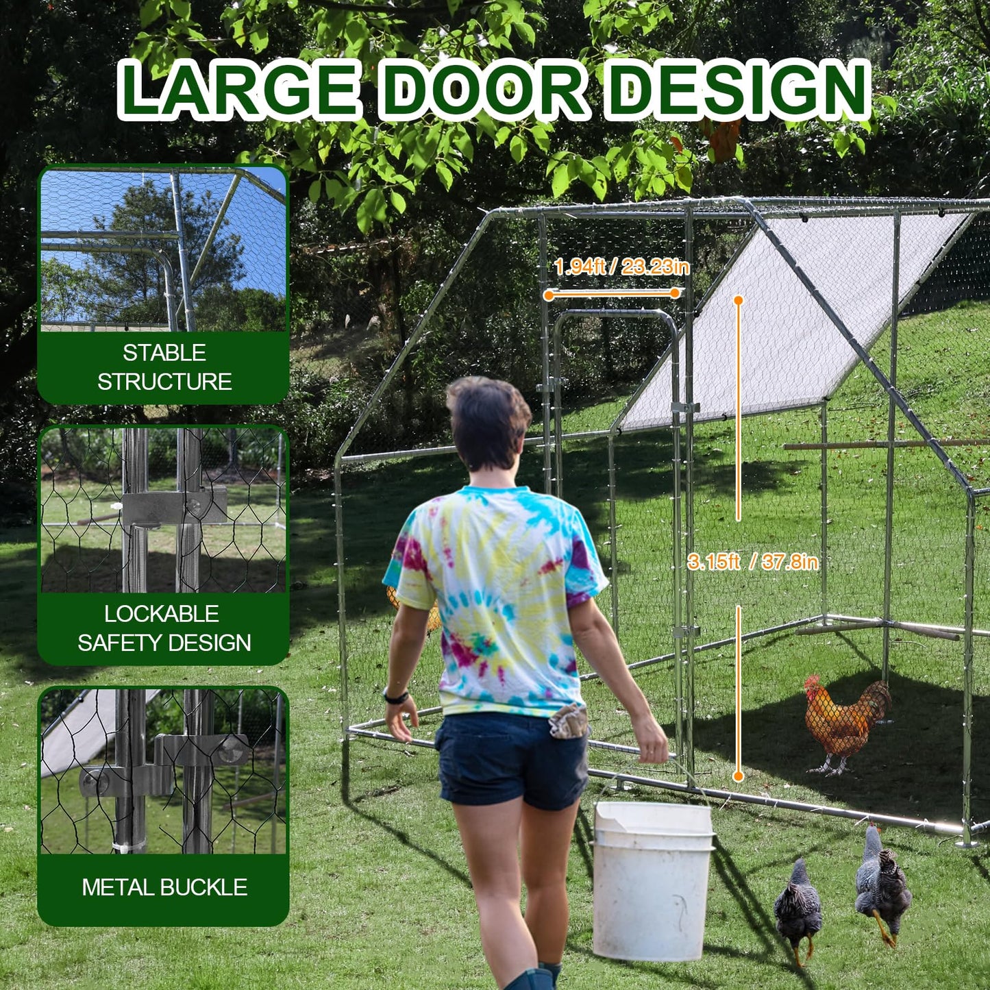 Large Metal Chicken Coop Run with Climbing Frame, Outdoor Walk-in Poultry Cage Flat Top with Waterproof&Anti-UV Cover, for Outdoor Backyard Farm, Silver (118" L x 118" W x 78.7" H)