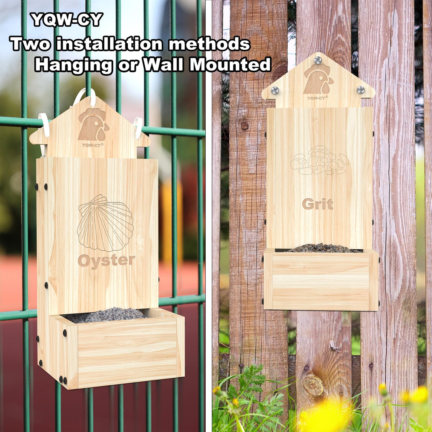 2Pack Chicken Grit Feeder, Wooden Chicken Oyster Shell Feeder and Grit Feeder Combo, Hanging Gravity Chicken Feeder, Coop Accessories for Healthier Hens Chick and Eggs