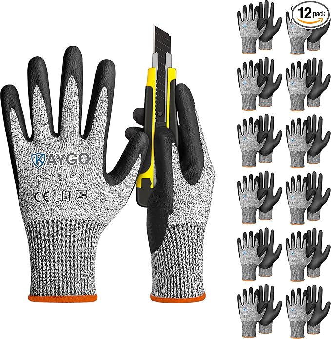 KAYGO 12 Pairs Cut Resistant Gloves for Men and Women, ANSI Cut Level A3 Nitrile Micro-Foam Safety Gloves KG21NB, Durable, Ideal for Wood Carving, Glass Handling, Construction, Fishing, XXL, Grey
