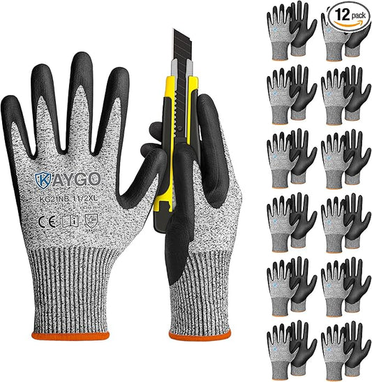 KAYGO 12 Pairs Cut Resistant Gloves for Men and Women, ANSI Cut Level A3 Nitrile Micro-Foam Safety Gloves KG21NB, Durable, Ideal for Wood Carving, Glass Handling, Construction, Fishing, XXL, Grey