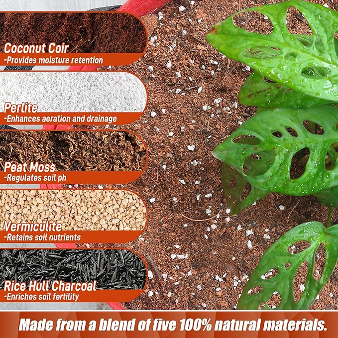 29QT Potting Soil Mix for Indoor Plants - Contains Perlite, Peat Moss, Coco Coir & Rice Charcoal, Natural & Organic Material with Well-Draining, Light & Aerated Texture for Healthy Roots & Fast Growth