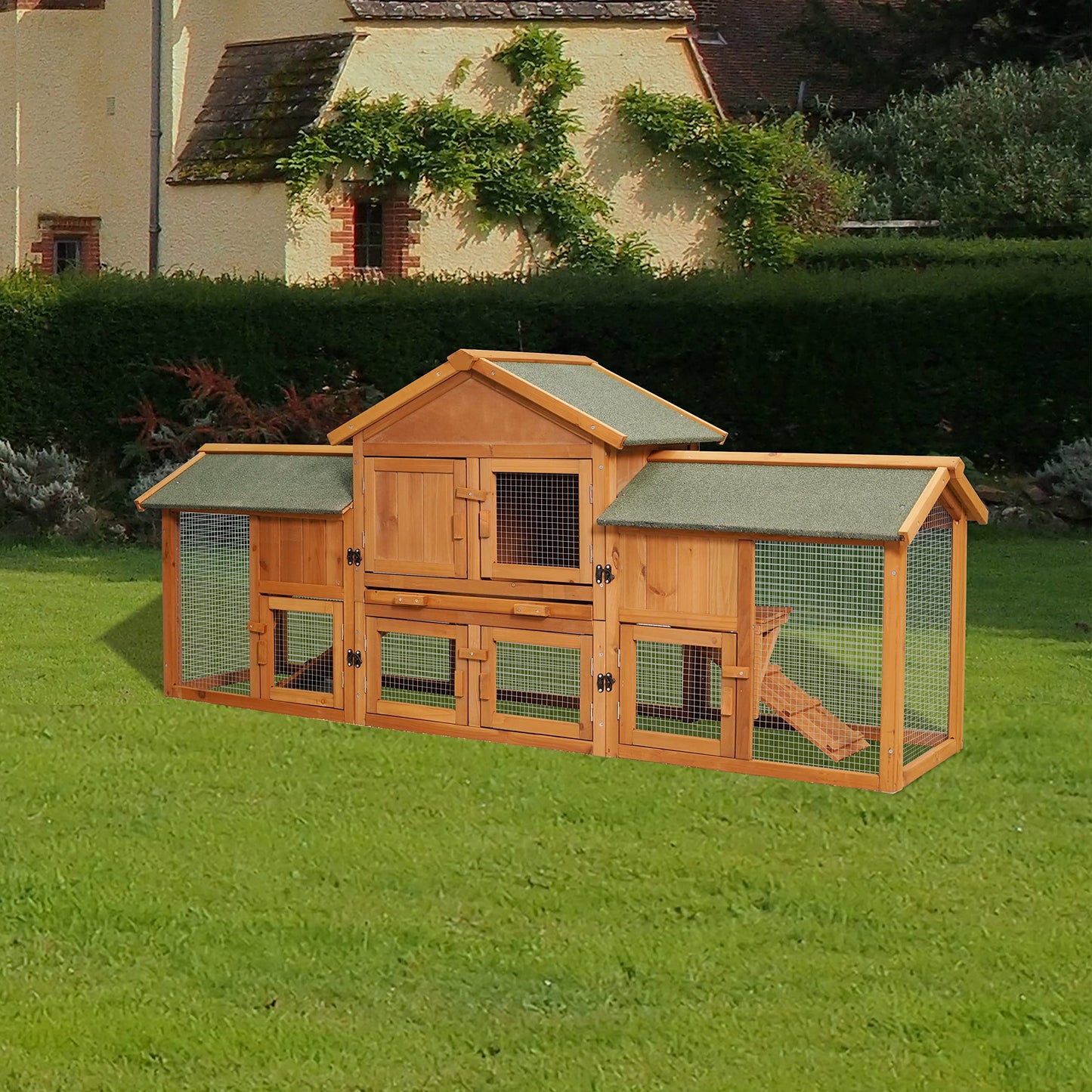 NicBex Rabbit Hutch Wooden Bunny Cage with Doors and Fences Rabbit Cage with Removable Tray and Double Waterproof Roof, Small Animal House for Rabbits, Guinea Pigs, andHamsters,79.5" W, Bean-Red