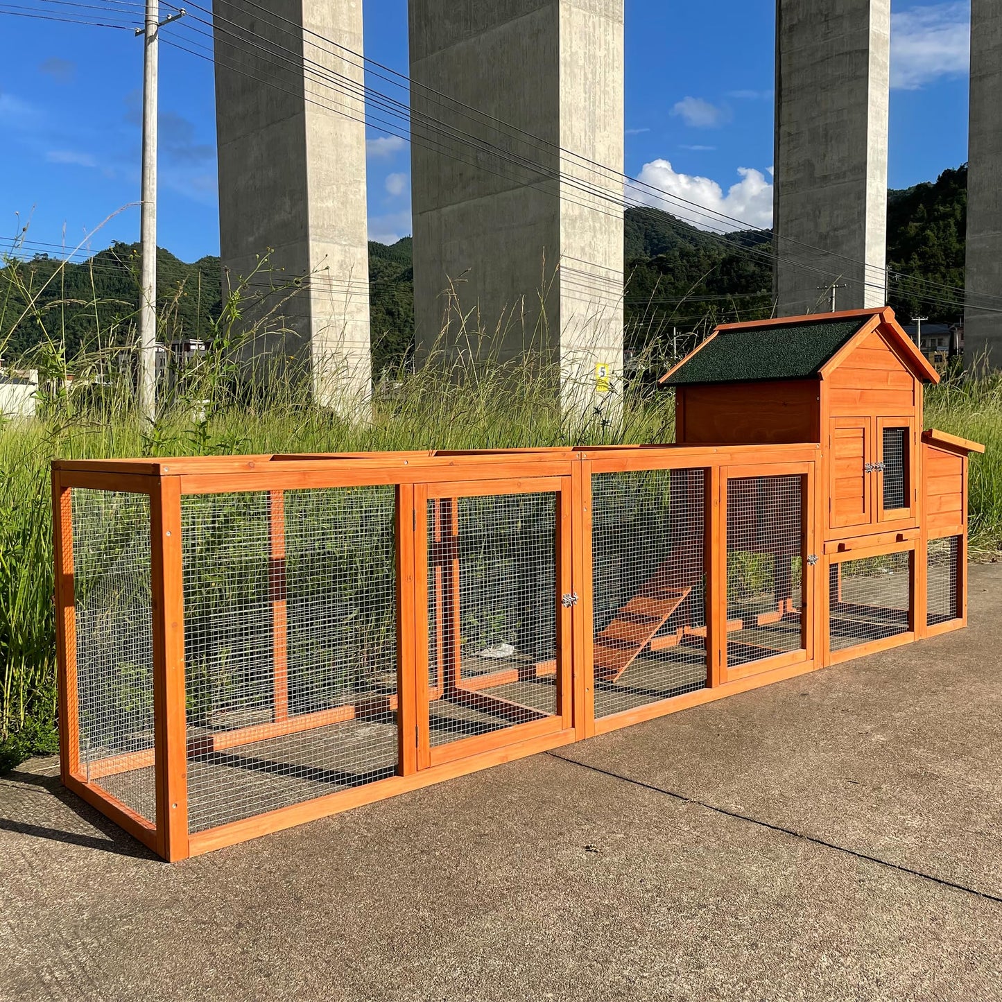 122" Wooden Chicken Coop, Outdoor Chicken Coop with Run for 3-5 Chickens, Hen House Duck Coop with Nesting Box, Chicken Perch and Ramp, Rabbit Hutch Poultry Cage for Backyard