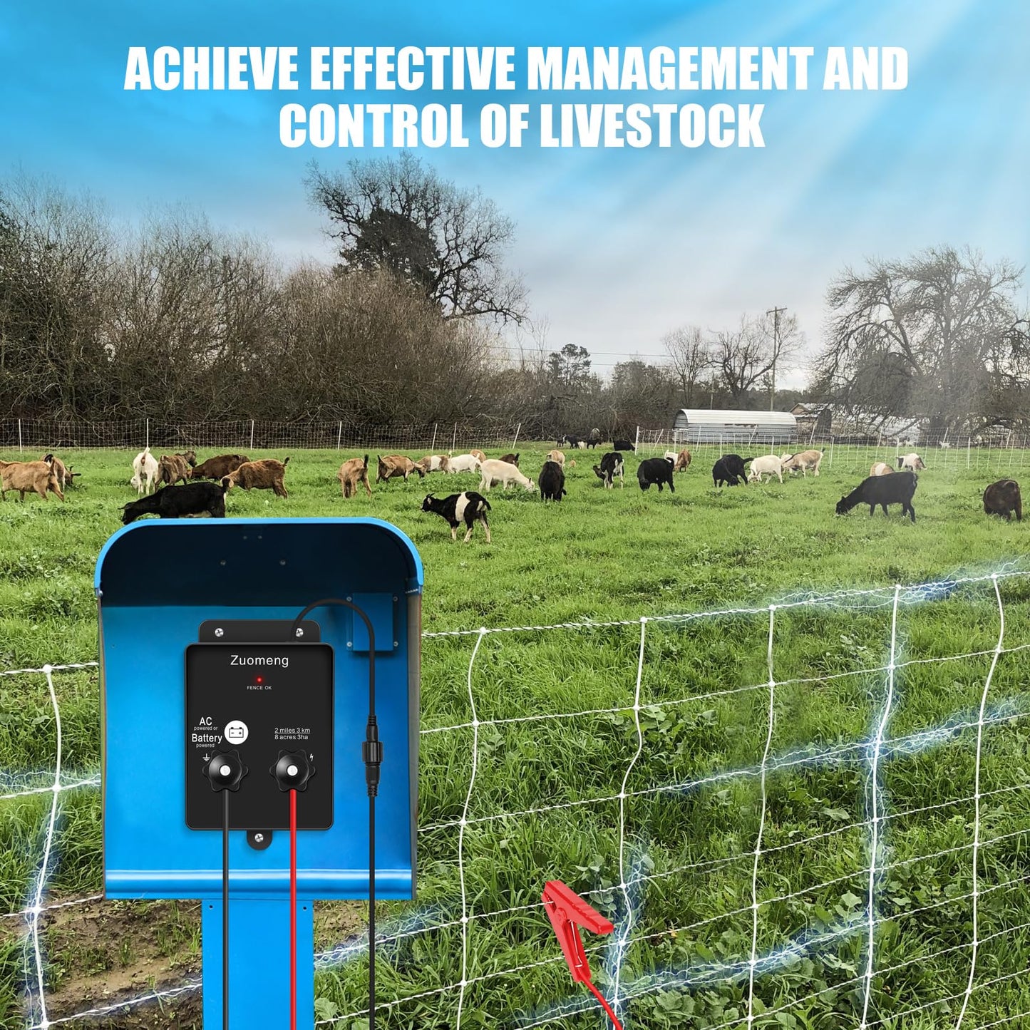 2-in-1 Electric Fence Energizer, Zuomeng 2-mile 8 Acres Electric Fence Charger Powered by Battery or Power Adapter, 0.1 Joules, Protect Your Livestock Garden Pasture from Wildlife