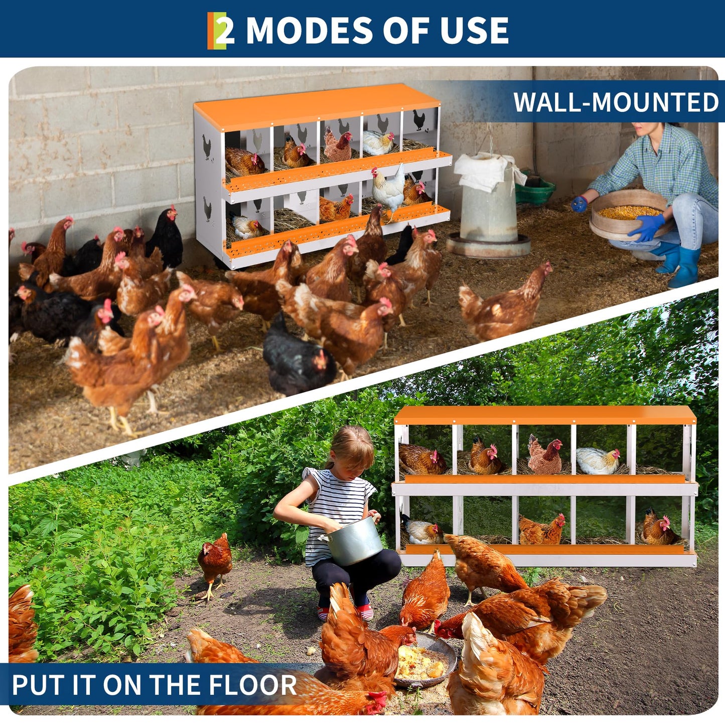 Chicken Nesting Box, 10 Compartment Galvanized Steel Chicken Laying Boxes, Nesting Boxes for Chickens, Easy Egg Collection for Chicken Coop, Backyard, Farms, Orange