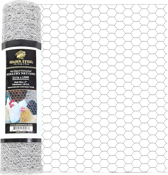 Chicken Wire 24 in x 150 FT x 2” Mesh x 20GA | Poultry Wire Netting | Hot Dipped Galvanised | Hexagonal Galvanized Mesh for Chicken Coop, Rabbit Cage, Fence Barrier PM24x150x2