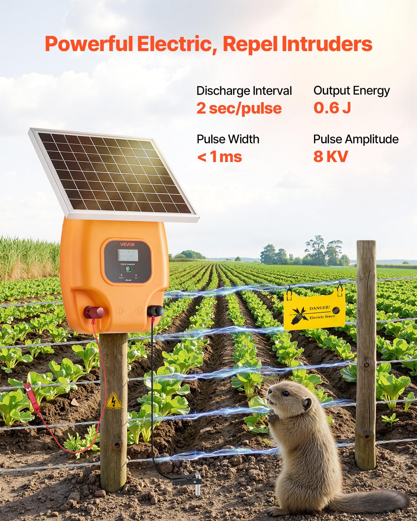 VEVOR Solar Fence Charger, 0.6J 8 kV Solar Powered Fence Charger, Electric Fence Energizer Kit, Keep Out Predators, 4-5 Days Runtime, for Livestock, Poultry, Garden Protection