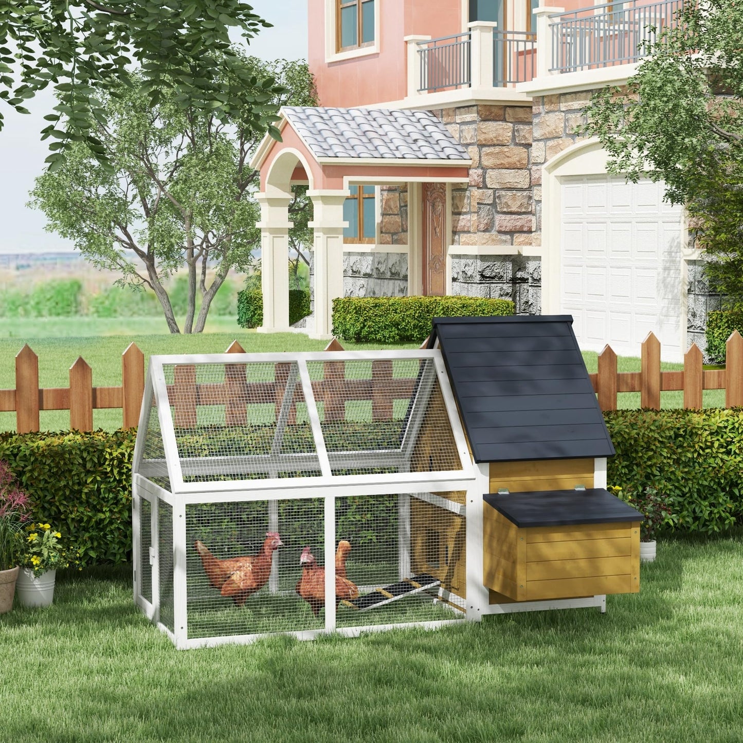 PawHut 65" Chicken Coop Wooden with Detachable Run, Outdoor Chicken House Poultry Cage Hen with Nesting Box, Removable Tray, Roosting Bars, Ramp, for Garden Backyard, Natural