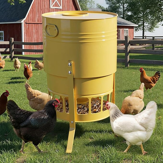 KOL Metal Chicken Feeder - 50lbs Poultry Feeder with 16 Ports, Powder Coated Rust-Proof Design & Smooth Edges for Safe Feeding (Yellow)