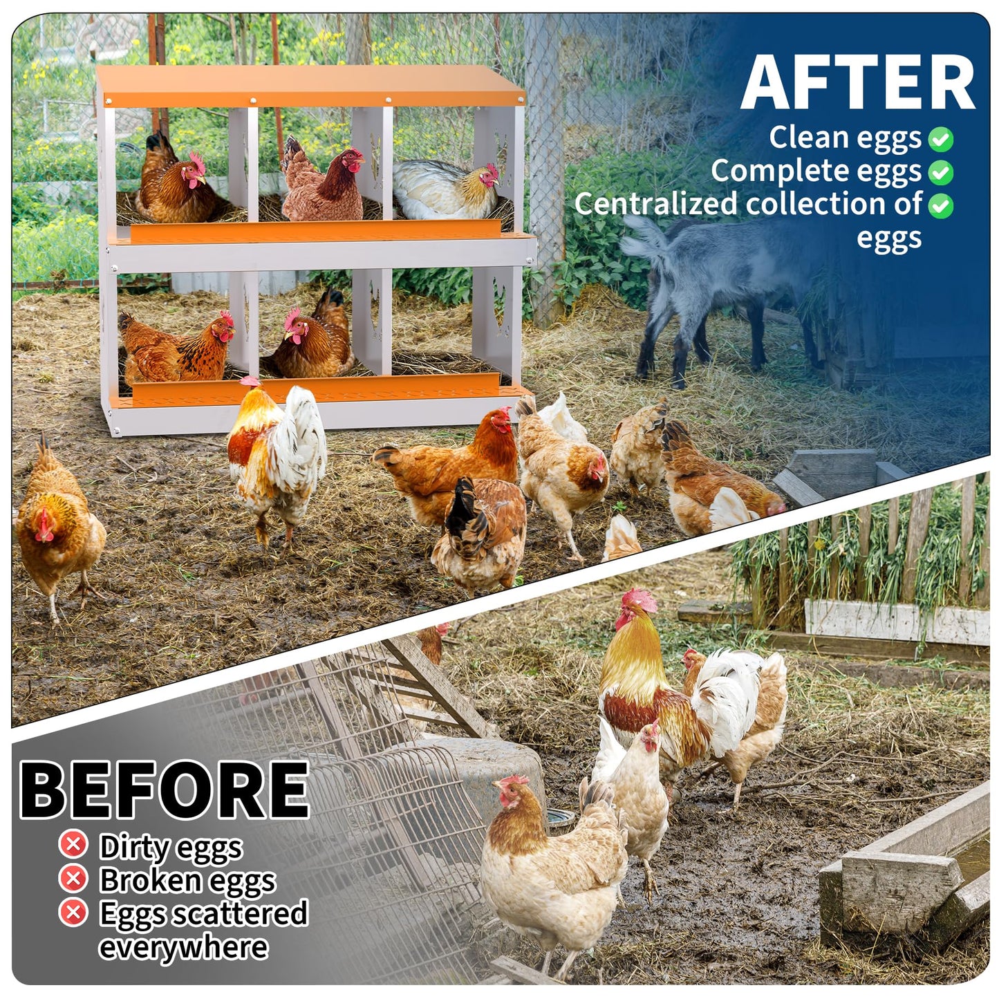 Chicken Nesting Boxes, 6-Hole Roll Away Nest Box for Chicken Coop, Metal Egg Laying Box with Perch & Lid Cover to Protect Eggs, Rollout Egg Collection, Vented Holes Orange