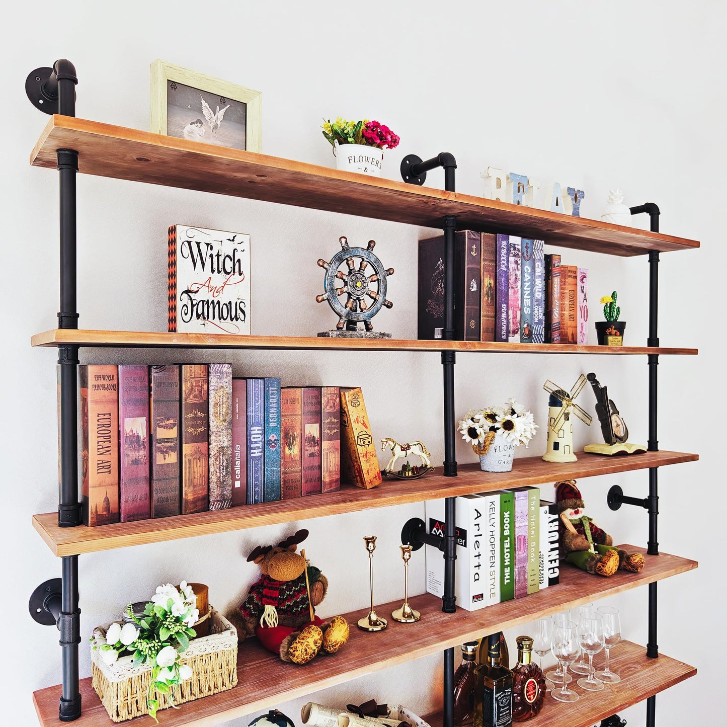 Anynice Industrial Ladder Shelf Bookcase, Wall Mounted Rustic Bookshelf, Retro Wood Metal Pipe Industrial Shelves for Living Room(Weathered Brown, 6 Tier - 10" D x 70" W x 82.5" H)