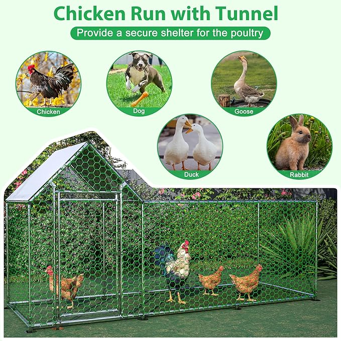 Metal Chicken Coop,10x3FT Walk-in Chicken Run,Galvanized Wire Poultry Chicken Hen Pen Cage, Rabbits Duck Cages with Waterproof and Anti-Ultraviolet Cover for Backyard and Farm