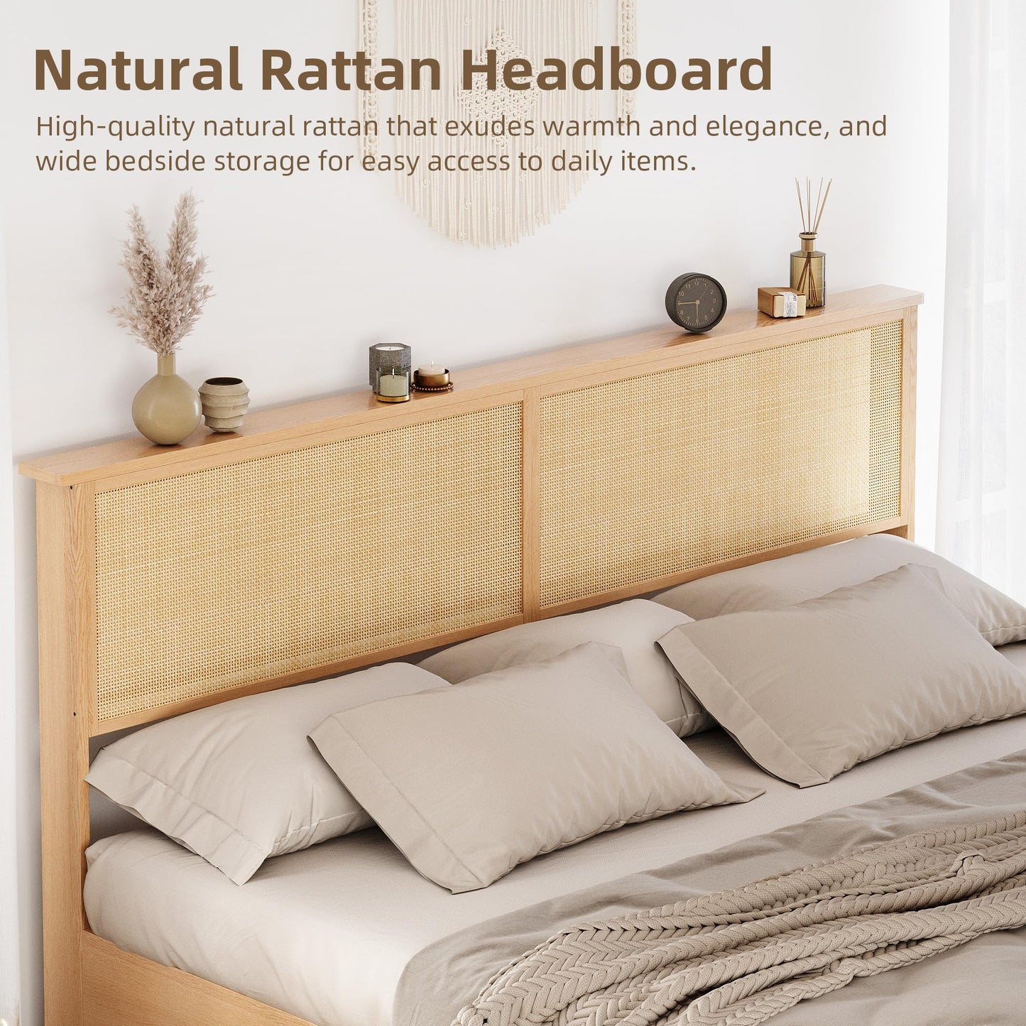 GarveeHome Natural Rattan King Size Bed Frame with Sliding Barn Door Storage Cabinets and Headboard, Boho Farmhouse Wood Platform Bed with Solid Wood Legs Support, No Box Spring Needed