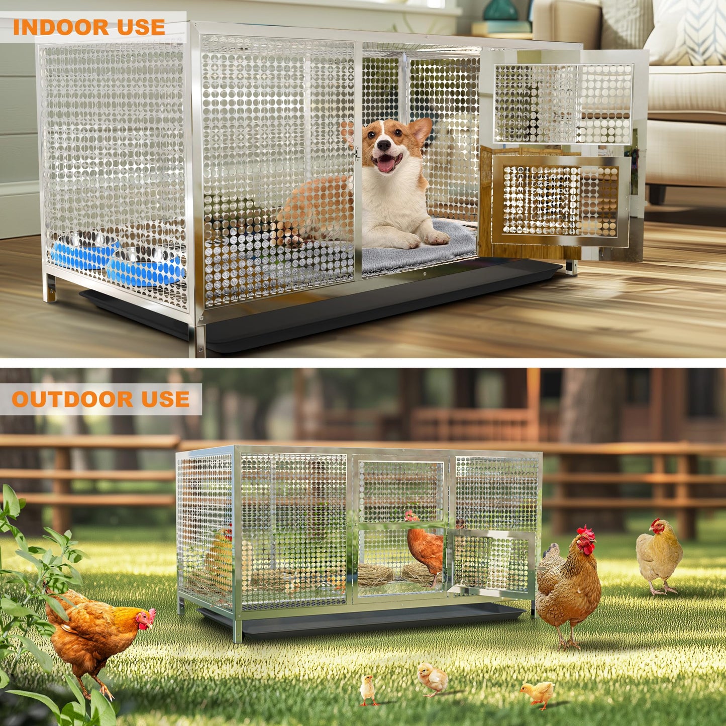 BingoPaw Outdoor Chicken Coop Cage: Heavy Duty Stainless Steel Chicken Coop Poultry Crate with Waterproof Cover - Indoor Pet Kennel with Feeding Door and Tray for Puppy Rabbits Duck Guinea Pig Cats