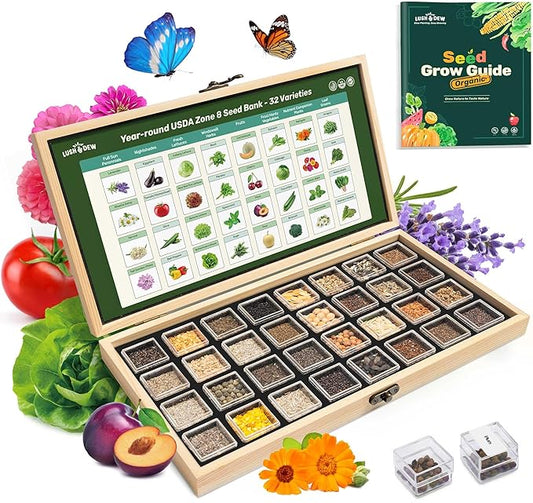 Lush&Dew Year-Round USDA Zone 8 Seed Bank, 32 Varieties Non-GMO Heirloom Seeds of Vegetables, Herbs Gardening Gifts for Women Men, Emergency, Survival Kit for Raised Garden Bed, Greenhouse