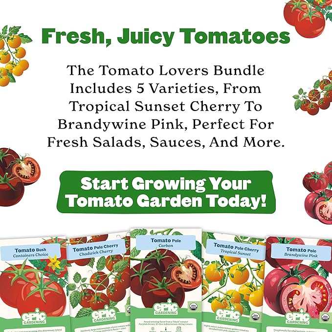 Epic Gardening Tomato Lovers Seed Bundle - 5 Juicy Varieties, Includes Brandywine, Chadwick Cherry & Tropical Sunset, Grow Non-GMO Tomatoes for Salads, Sauces & Fresh Snacking