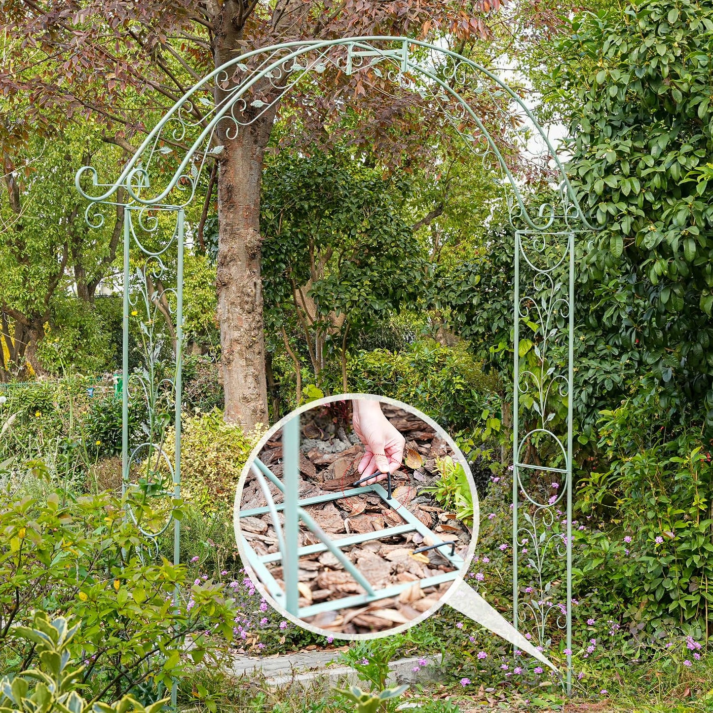 Sungmor Metal Garden Arbor, 92.5" High x 11.8" Wide Outdoor Garden Arch Trellis, Elegant Green Archway for Wedding Party Event, Climbing Plants and Vine Flowers Support, Lawn Patio Yard Decoration