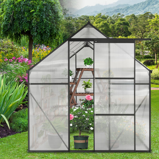KELRIA 6x8 FT Heavy Duty Walk-in Hobby Greenhouses, Polycarbonate Greenhouse with Sliding Doors and Adjustable Roof Vent, Aluminum Sunroom Green House for Outdoor Garden Backyard, Black