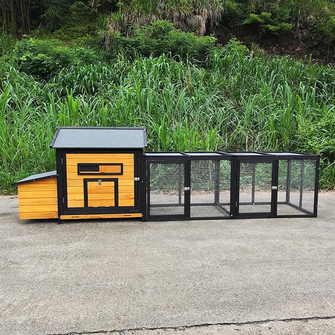 118" Large Wood Chicken Coop,Outdoor Hen House with Nesting Box Poultry Cage,Oversized Enclosed Run,Hen Coop with Leak-Proof Pull-Out Tray,Asphalt Roof & Free-Range Doors,Black+Gold
