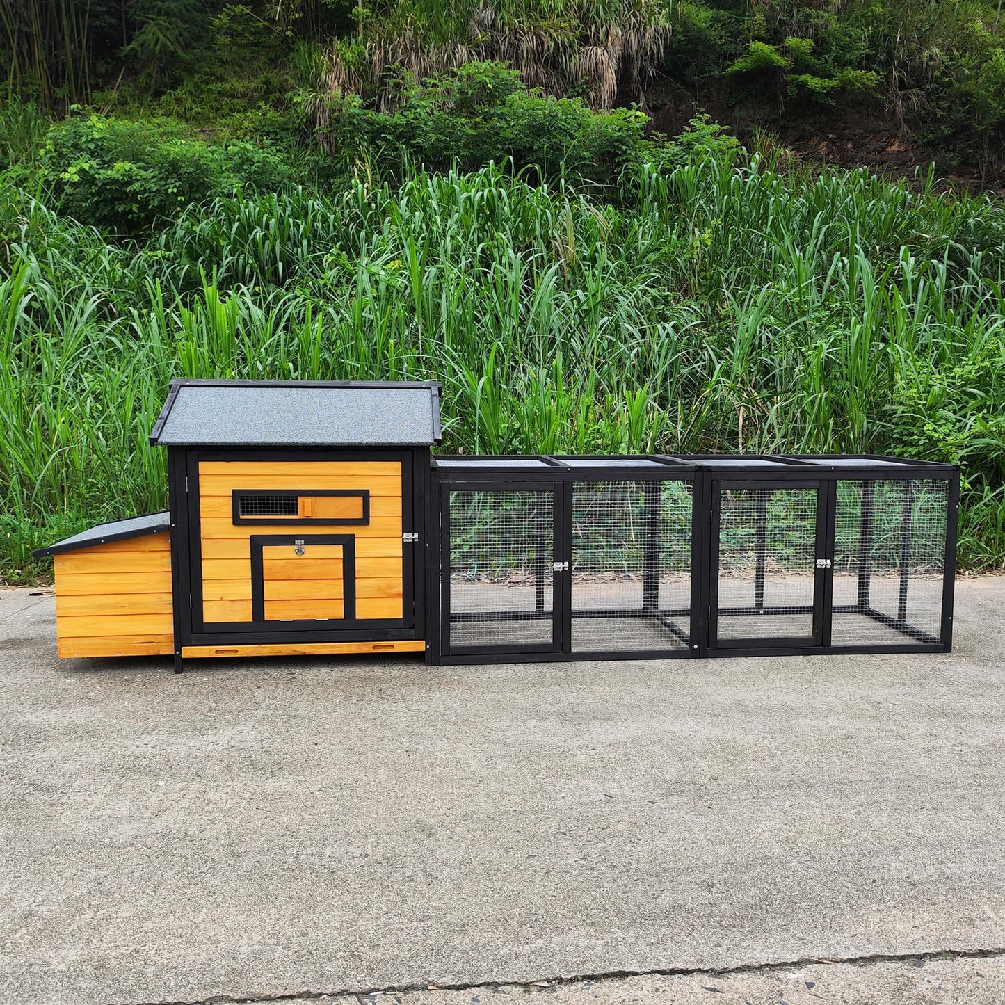 YOPTO 118" Large Wood Chicken Coop,Outdoor Hen House with Nesting Box Poultry Cage,Oversized Enclosed Run,Hen Coop with Leak-Proof Pull-Out Tray,Asphalt Roof & Free-Range Doors,Black+Gold