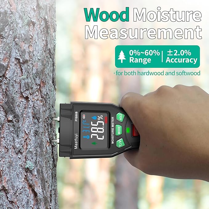 Wood Moisture Meter, Firewood Moisture Tester, Drywall Moisture Detector, Pin Type Water Leak Detector with Visual Alerts for Lumber Logs Concrete Floors Ceiling Building Material Hardwood