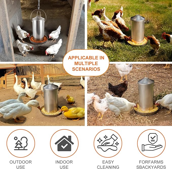 8.8lb Stainless Steel Hanging Chicken Feeder, Metal No Waste Poultry Feeder, Rustproof, Reusable, Long-Lasting, Gravity Feed Chicken Coop Accessories for Chicken, Geese, Duck, Hens, Rooster, Chick