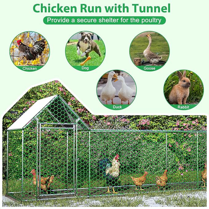Metal Chicken Coop,16x3FT Walk-in Chicken Run,Galvanized Wire Poultry Chicken Hen Pen Cage, Rabbits Duck Cages with Waterproof and Anti-Ultraviolet Cover for Backyard and Farm