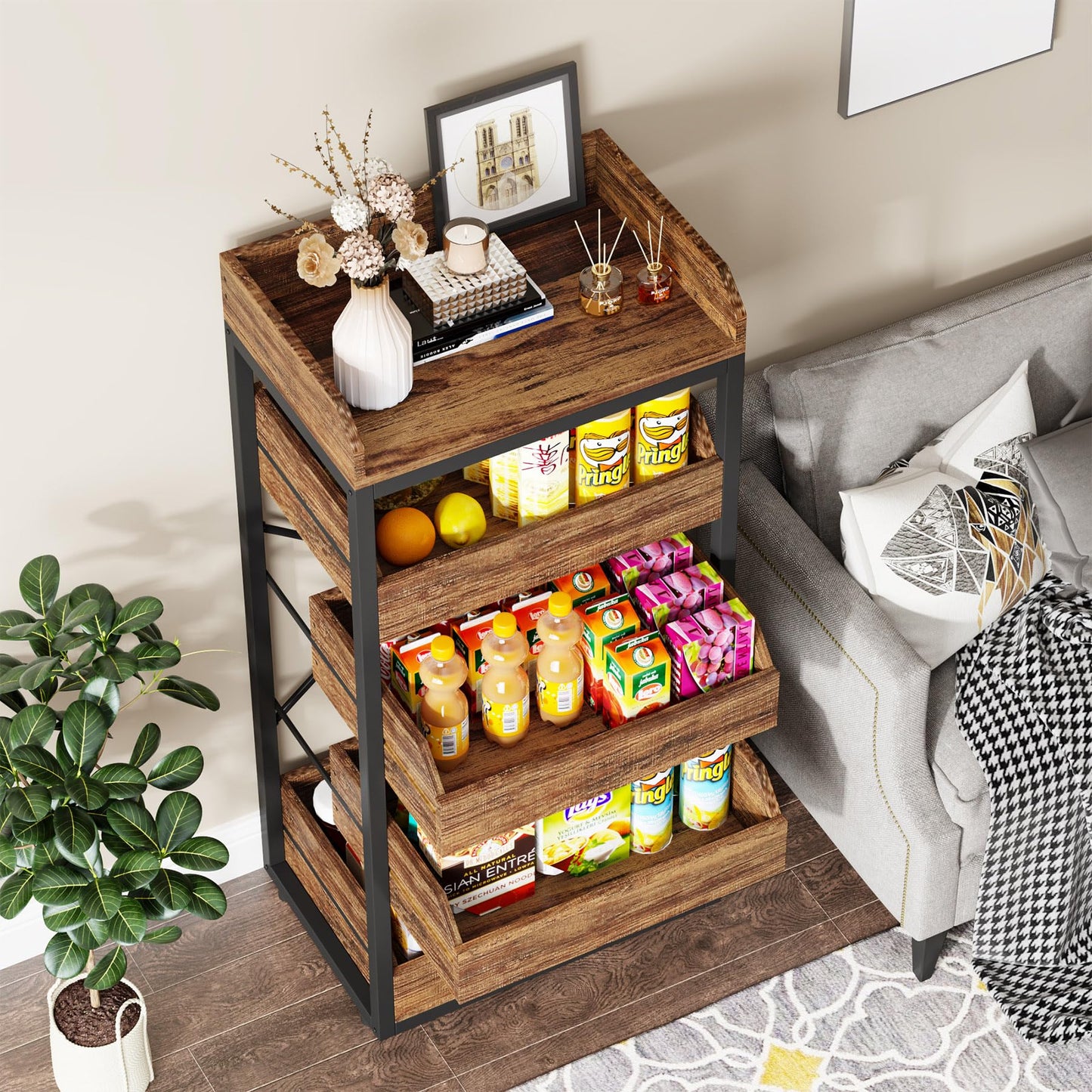 LITTLE TREE 5-Tier Wood Fruit Vegetable Storage Basket Stand, Pull-Out Snack Stand Fruit Basket Stand, Utility Shelf Organizer for Kitchen, Living Room, Bedroom, Rustic Brown
