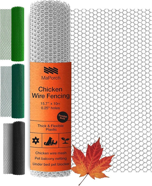 MaPorch Plastic Wire Mesh Fence - White, 15.7" x 10 ft - Plastic Chicken Wire Fencing for Dogs, Rabbits & Poultry - Chicken Netting - Snake Barrier - Balcony Netting for Pets - Balcony Cat Barrier