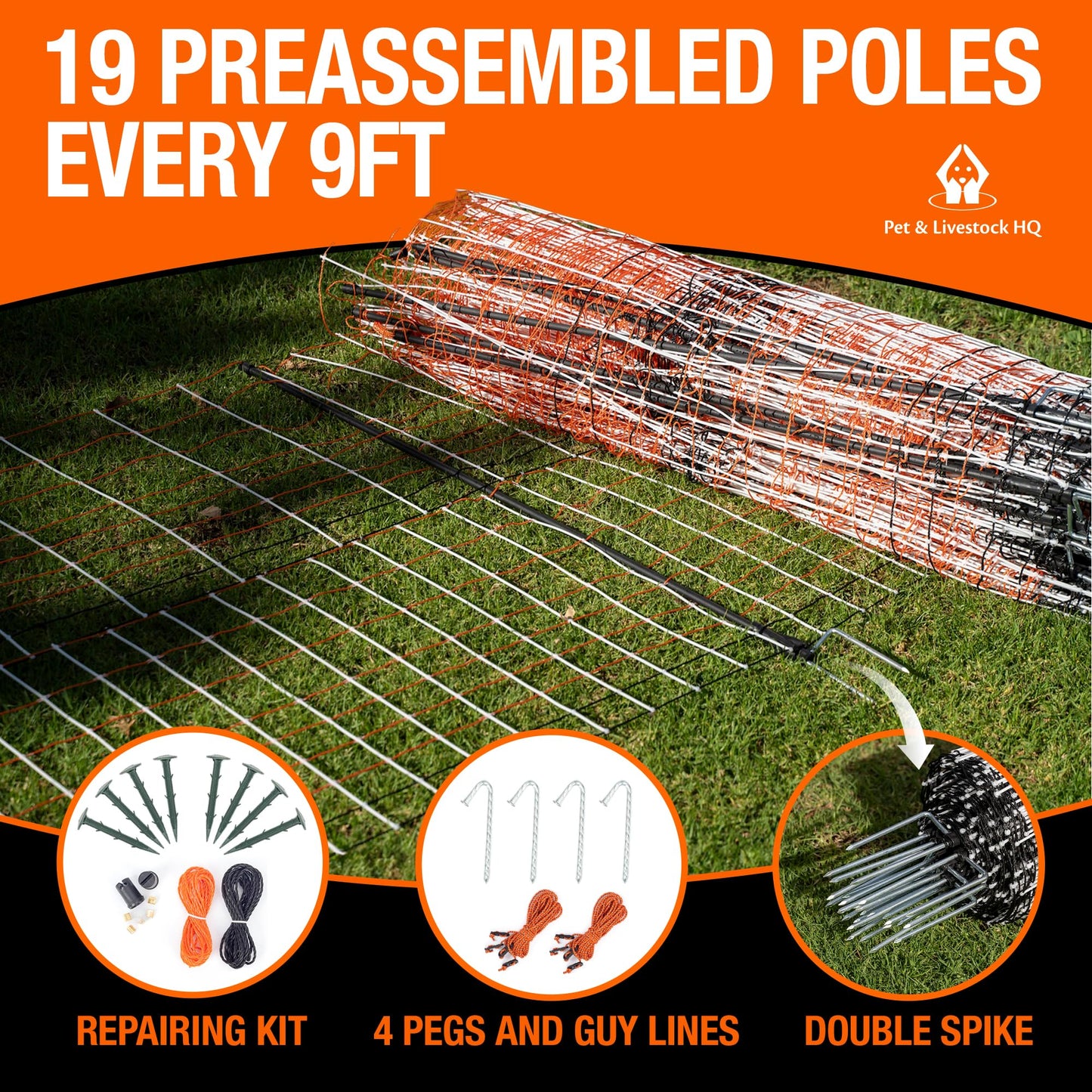 Pet & Livestock HQ Premium Semi-Rigid Electric Poultry Netting Fence 48" x 164' - Portable Pre-Assembled Electric Fencing for Chicken Sheep Goats (19 Posts, 2 Spikes)