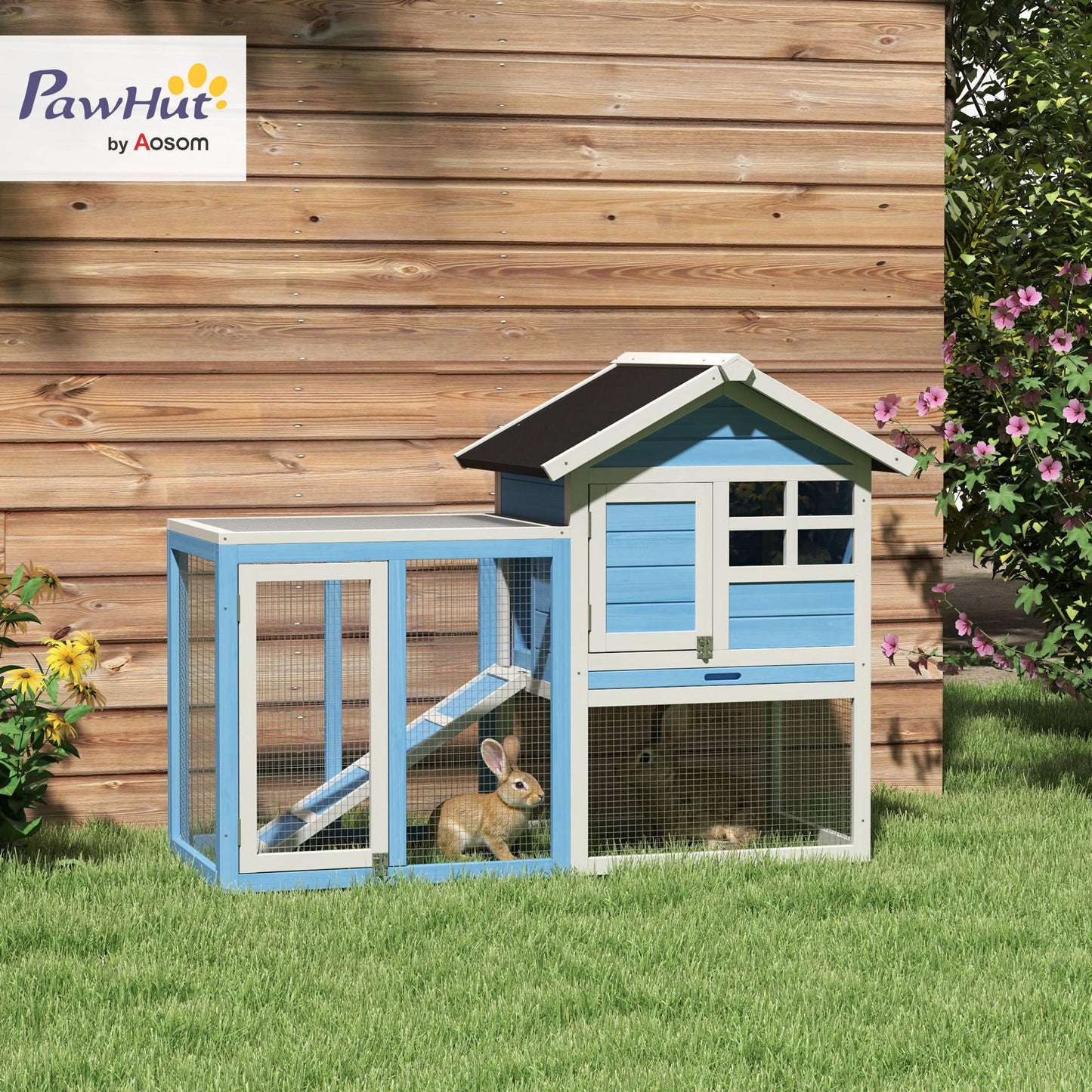 PawHut 48" Wooden Rabbit Hutch Bunny Cage with Waterproof Asphalt Roof, Fun Outdoor Run, Removable Tray and Ramp, Light Blue