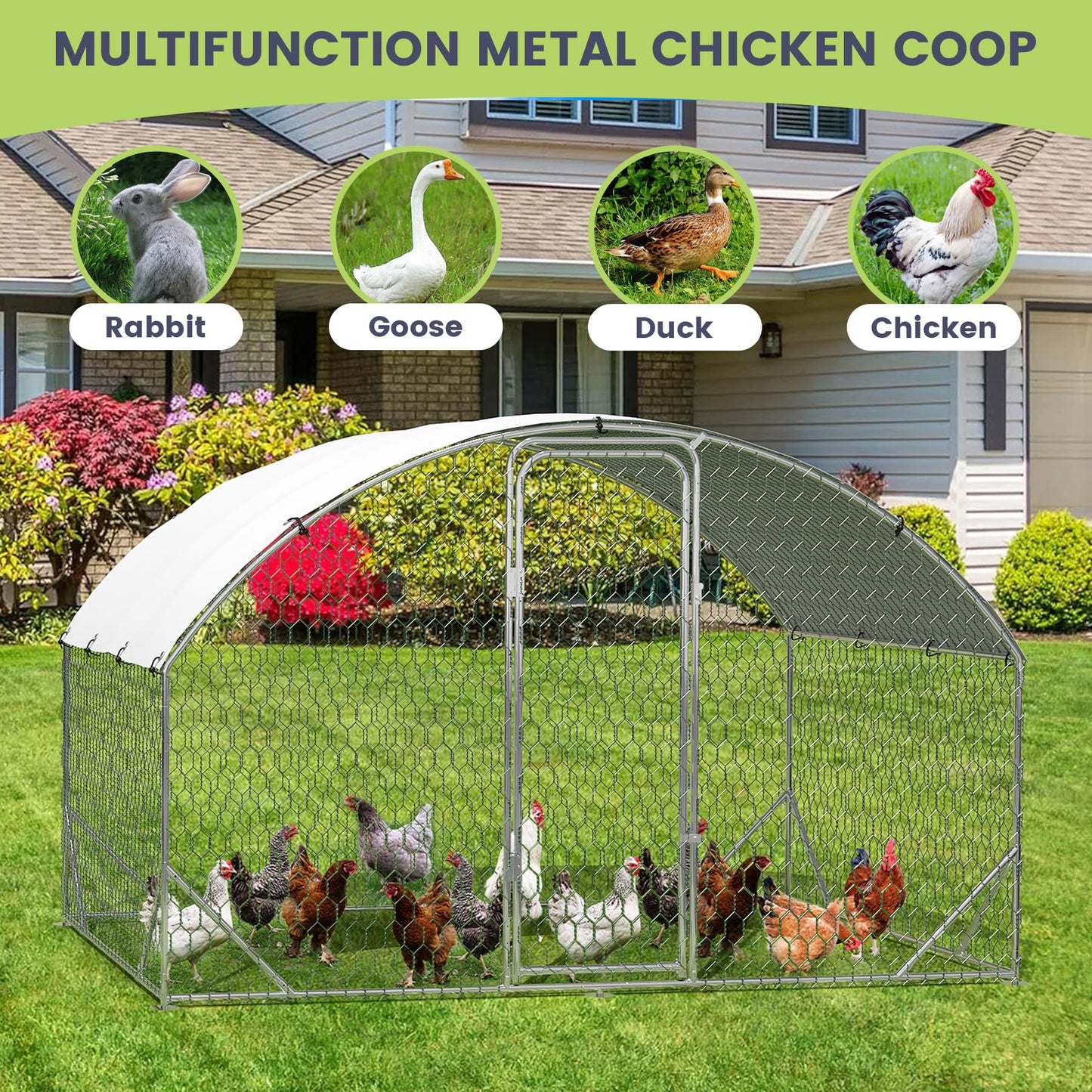 VerisShade Large Metal Chicken Coop, Upgrade Tri-Supporting Metal Chicken Run, Large Chicken Pen with Waterproof and Anti-UV Cover, for Duck Rabbit House Outdoor (9.8' W x 6.5' L x 6.5' H)