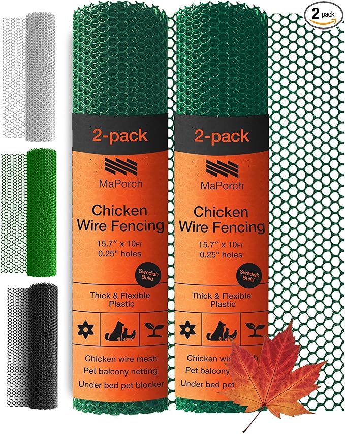 MaPorch Plastic Wire Mesh Fence - Green, 15.7" x 10 ft, 2 Pack - Plastic Chicken Wire Fencing for Dogs, Rabbits & Poultry - Chicken Netting Barrier - Balcony Netting for Pets - Balcony Cat Barrier