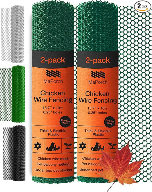 MaPorch Plastic Wire Mesh Fence - Green, 15.7" x 10 ft, 2 Pack - Plastic Chicken Wire Fencing for Dogs, Rabbits & Poultry - Chicken Netting Barrier - Balcony Netting for Pets - Balcony Cat Barrier