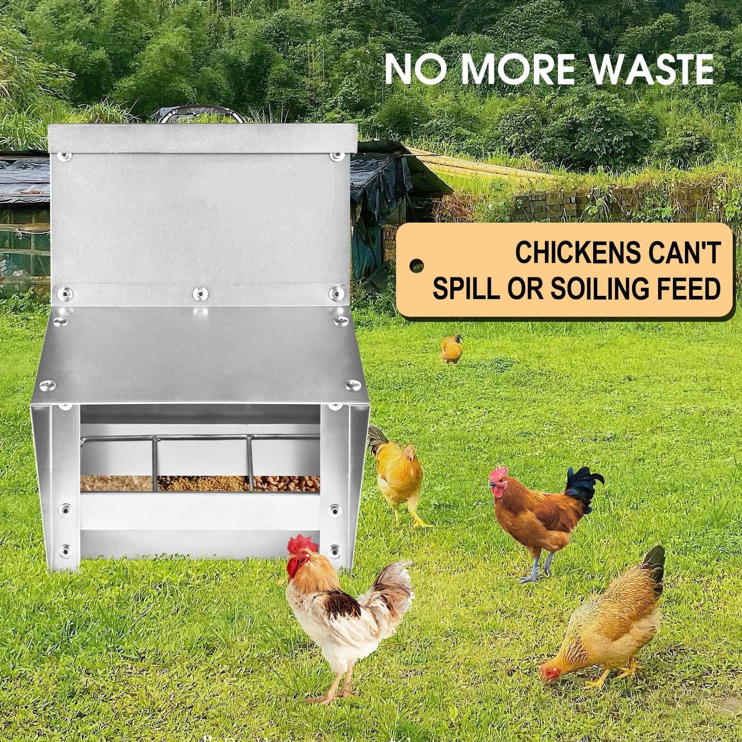 shengyi 11.5-55lbs Galvanized Chicken Feeder - Rat Proof Poultry Feeder with Lid Weatherproof Outdoor Coop Food Dispenser (11.5lbs 8.3x6.3x12.9in)