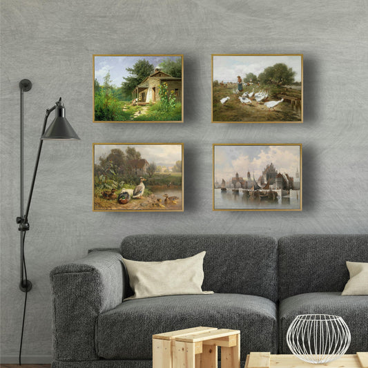 Amaloclove Framed Landscape Canvas Wall Art,Vintage Countryside Duck Canvas Classical Oil Painting Prints,Warm Family Atmosphere Wall Decor For Bedroom Farmhouse Bathroom Home Decor (12"x16")