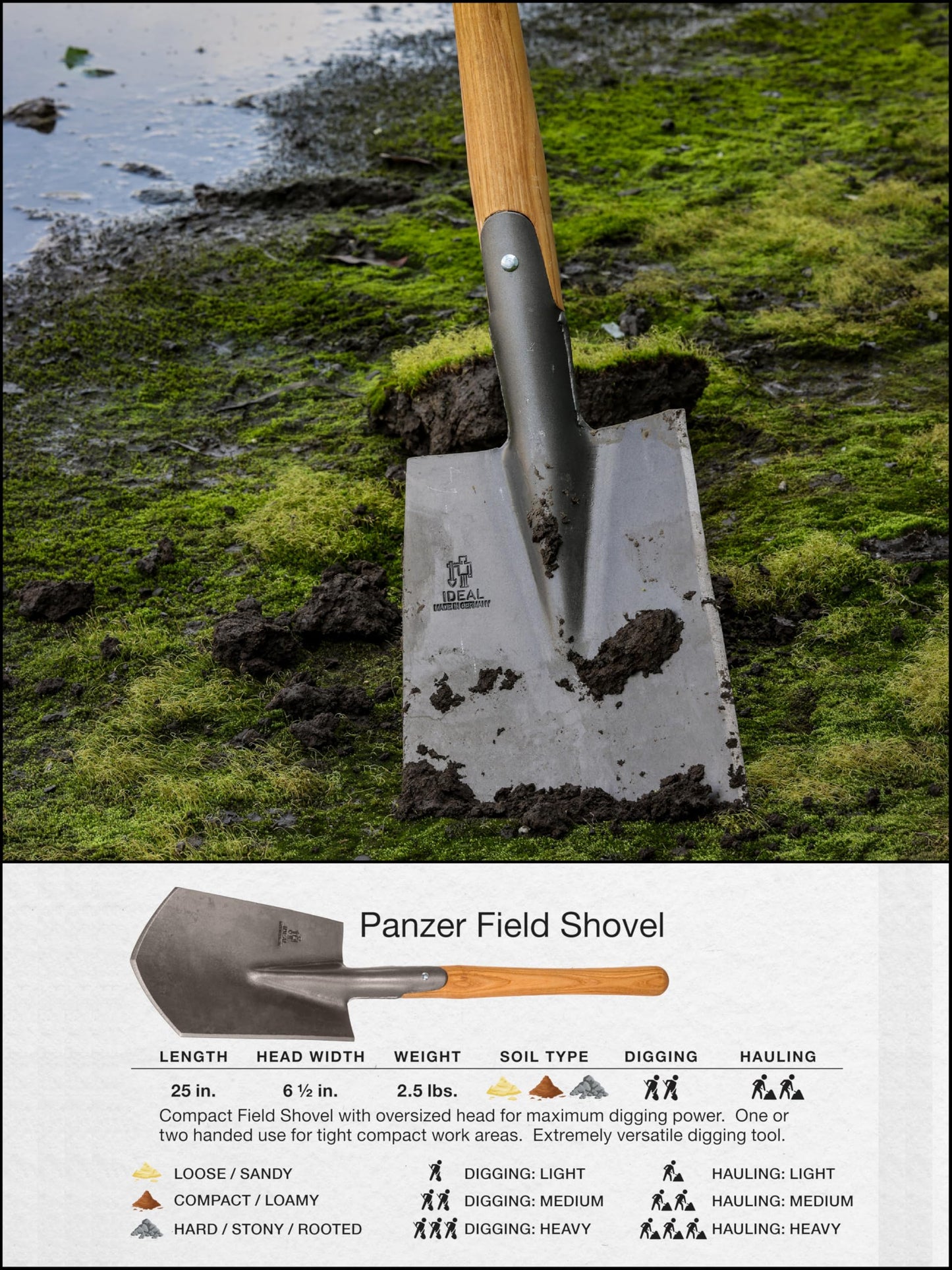 IDEALSPATEN Small Garden Tool Set Collection - 4 Piece Set - Panzer Field Shovel, Heidelberg Hand Mattock, Hanover Hand Rake, Lübeck Hand Shovel