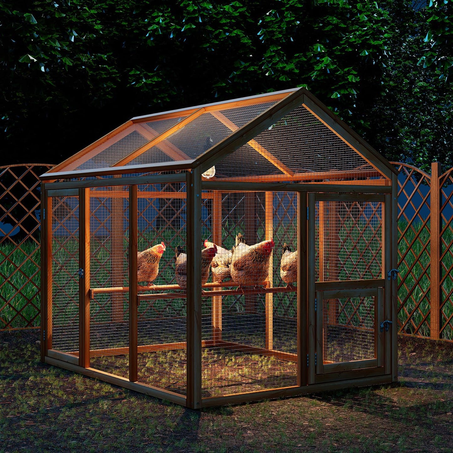 MoNiBloom Outdoor Chicken Coop Large Hen House Poultry Cage with Roosting Rods, Farmhouse Backyard Wood Rabbit Hutch Small Pets Playpens Spire Shaped Coops Triple Access/Feeding Doors 55 x 33.5 x 42.5